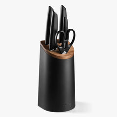 Kitchen Set with 4 Niza Knives + Prochef Scissors + Black Knife Holder with Acacia Wood Lid