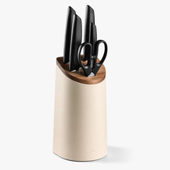Kitchen Set with 4 Niza Knives + Prochef Scissors + Beige Knife Holder with Acacia Wood Lid