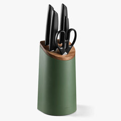 Kitchen Set with 4 Niza Knives + Prochef Scissors + Green Knife Holder with Acacia Wood Lid