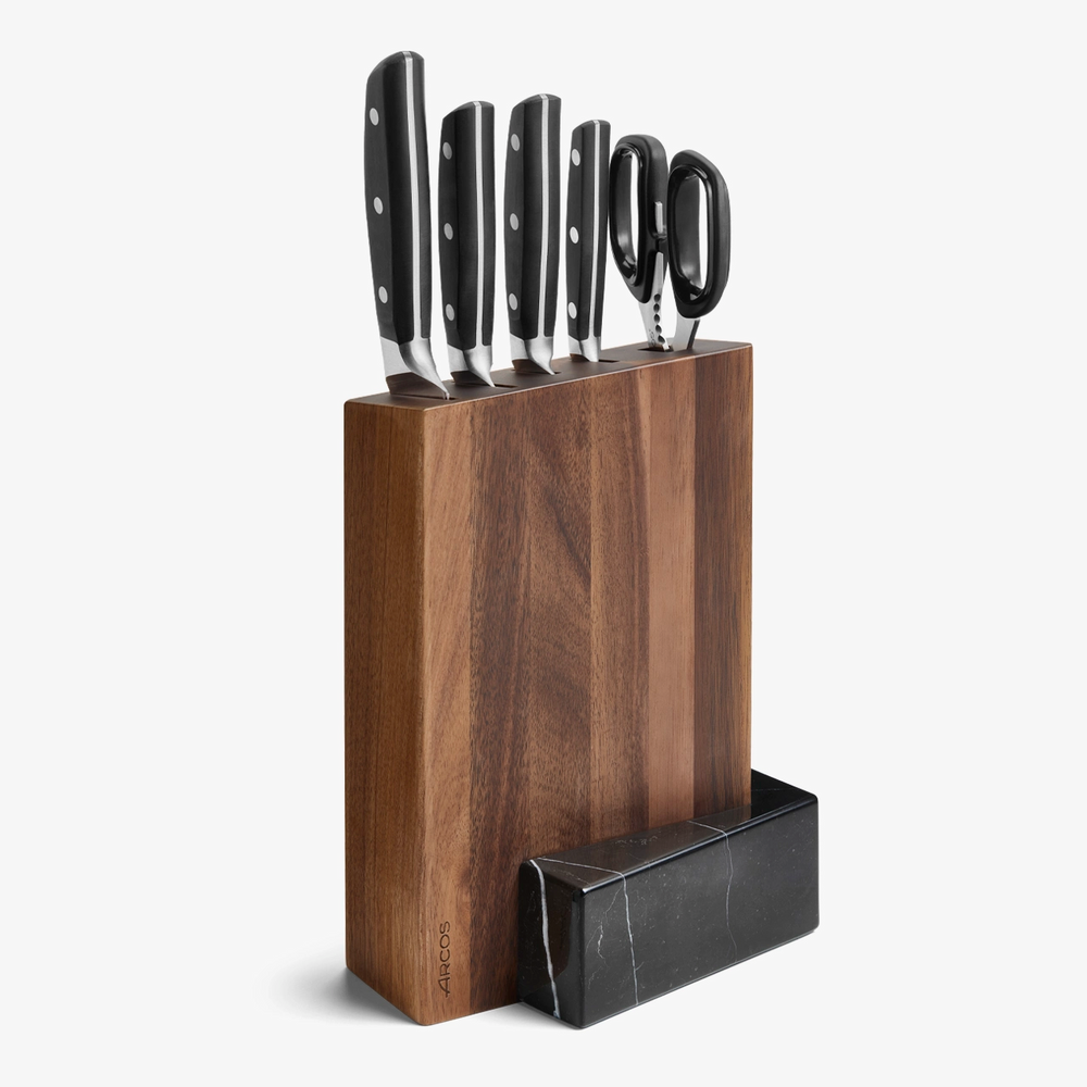Juego Cocina 4 pzas. Serie Manhattan + Tijeras + Soporte de Madera de Acacia y Mármol Negro