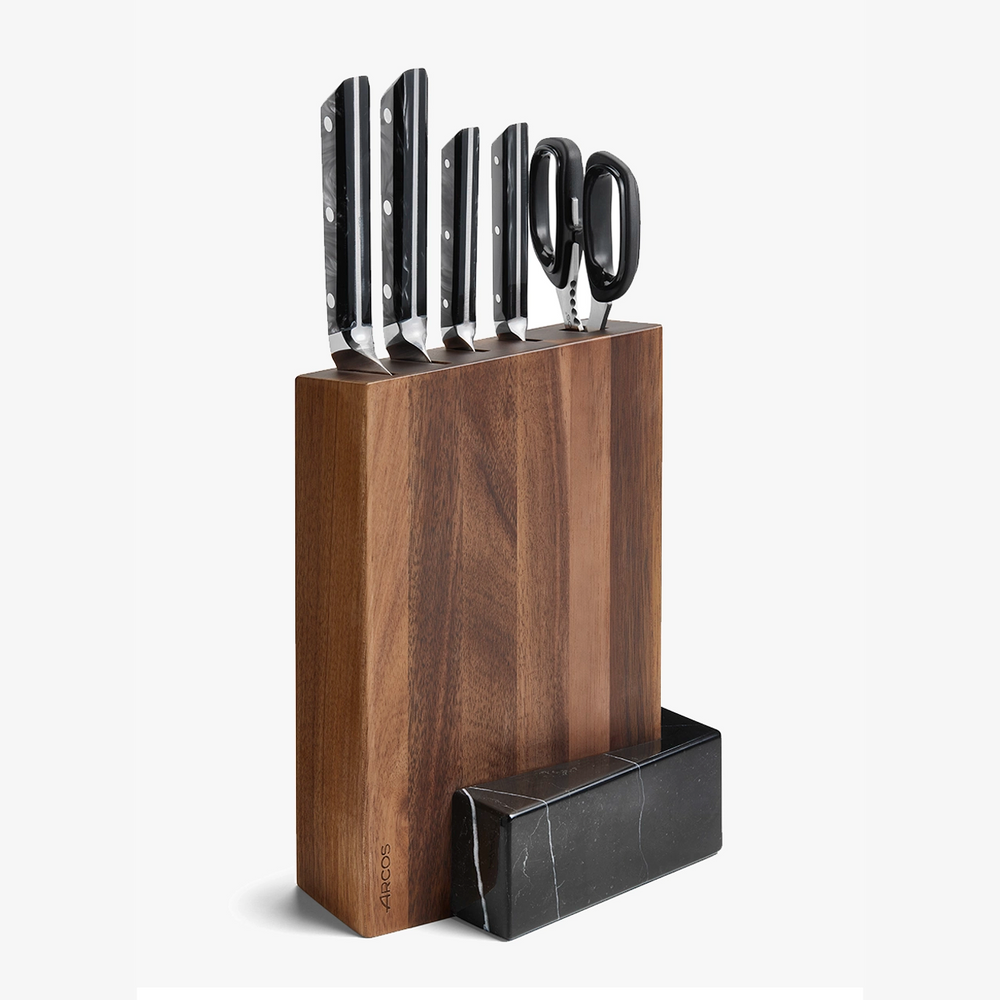 Juego cocina 4 pzas. Serie Eclipse + Tijeras + Soporte de Madera de Acacia y Mármol Negro