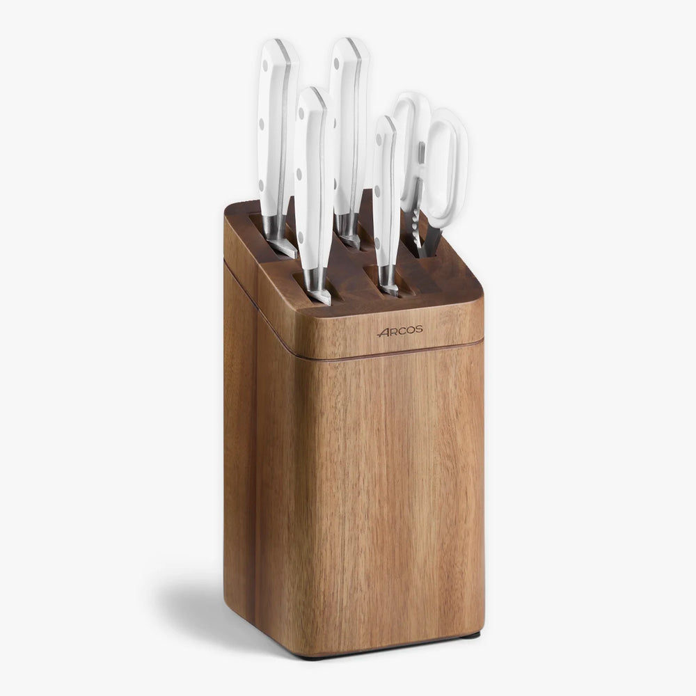 Juego cocina 4 pzas. serie Riviera Blanc + Tijeras + Soporte de cuchillos de madera de acacia