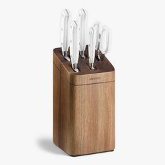 Juego cocina 4 pzas. serie Riviera Blanc + Tijeras + Soporte de cuchillos de madera de acacia