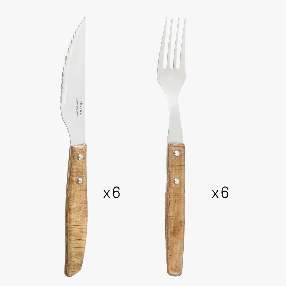 Set di 6 pezzi Coltello Bistecca e 6 pezzi Forchetta Legno di Pioppo Compresso