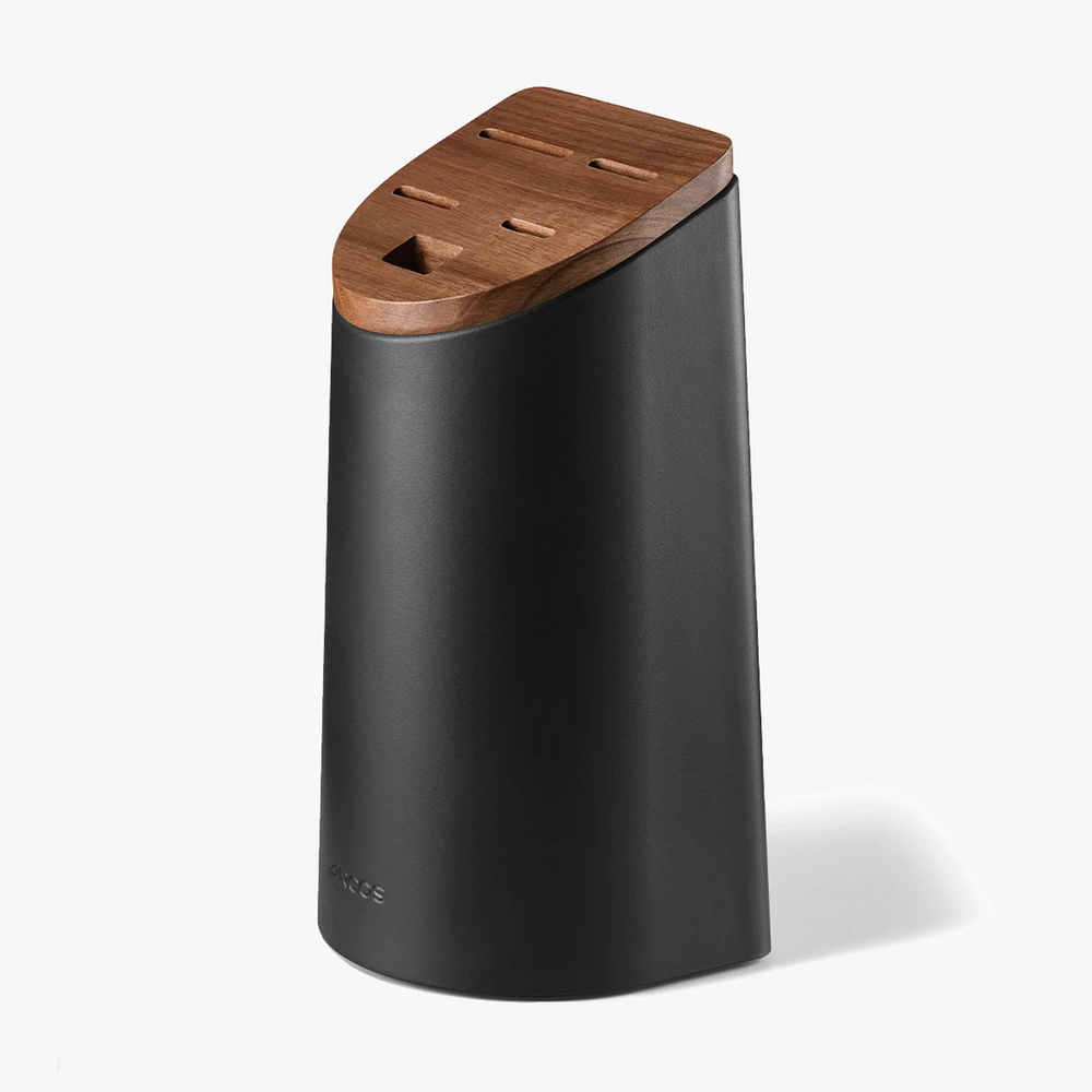 Soporte de cuchillos Universal negro con tapa de madera de acacia