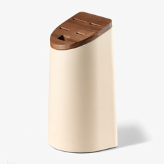 Universal beige knife holder with acacia wood lid