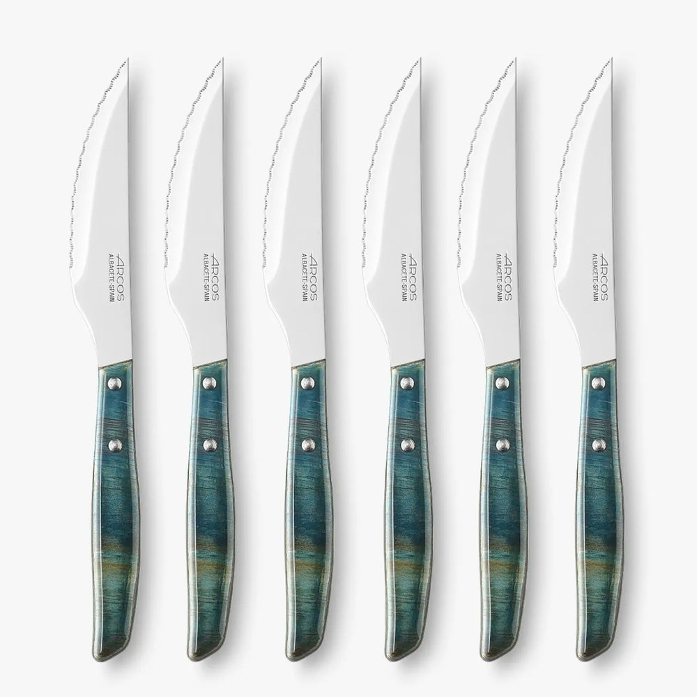 Set 6 Pieces Poplar Wood Steak Knife Compressed Blue Dyed