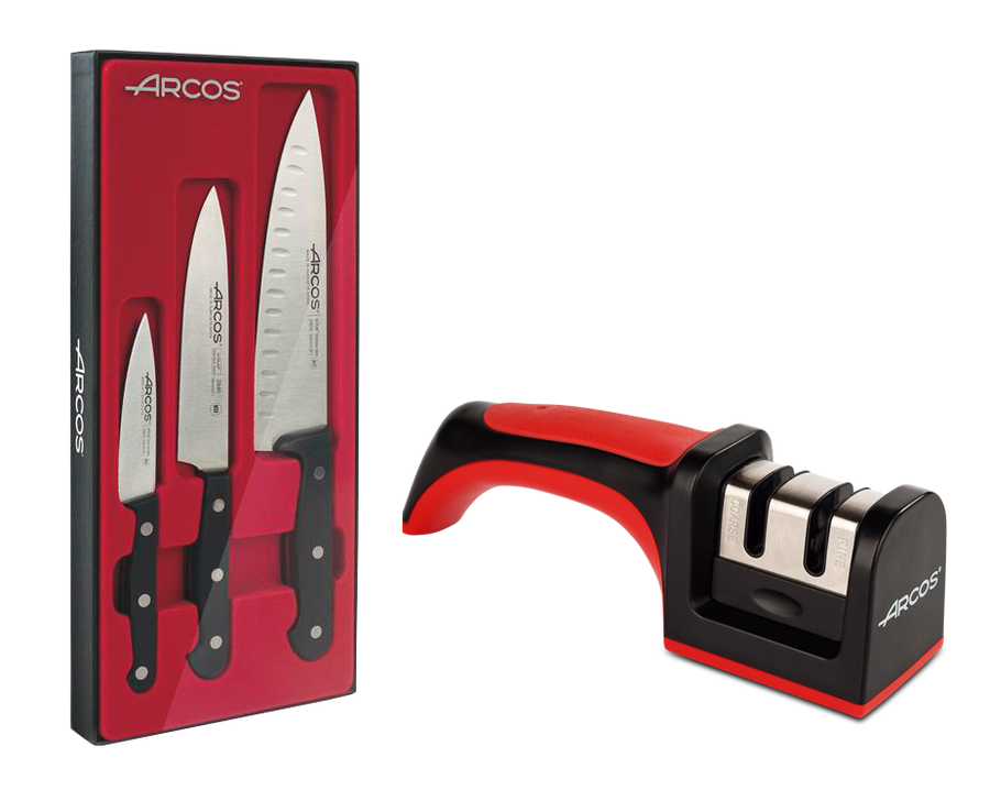 Pack de cuchillo cocinero 100 mm, cuchillo cocinero 200 mm y cuchillo cocinero 150 mm Serie universal pro Y Afilador ABS