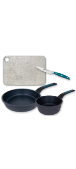 4-piece kitchen set (Cutting board, Paring knife, Frying pan, Saucepan)